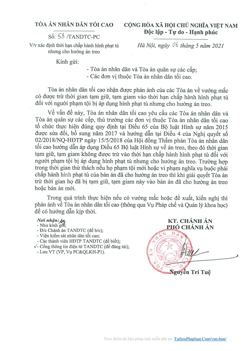 Ảnh bìa Công văn số 58/TANDTC-PC ngày 06/05/2021 TANDTC hướng dẫn xác định thời hạn chấp hành hình phạt tù nhưng cho hưởng án treo