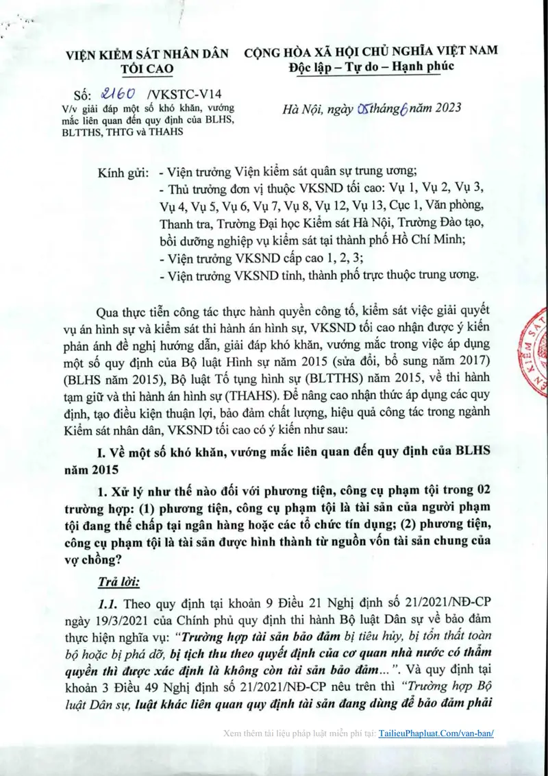 Ảnh bìa Công văn số 2160/VKSTC-V14 ngày 05/06/2023 VKSNDTC Giải đáp một số khó khăn, vướng mắc liên quan BLHS, BLTTHS, THAHS