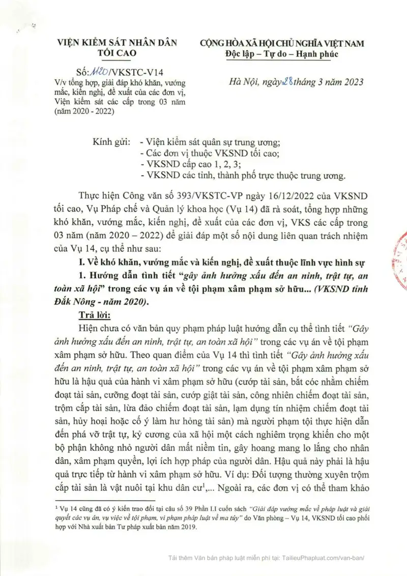Ảnh bìa Công văn số 1120/VKSTC-V14 ngày 28/03/2023 VKSNDTC Giải đáp khó khăn, vướng mắc của Viện kiểm sát các cấp từ năm 2020-2022