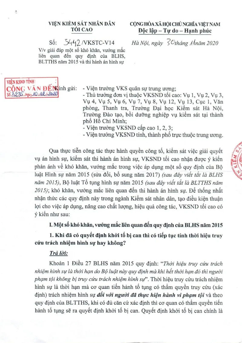 Ảnh bìa Công văn số 5442/VKSTC-V14 ngày 30/11/2020 VKSNDTC Giải đáp khó khăn, vướng mắc của BLHS, BLTTHS và THAHS