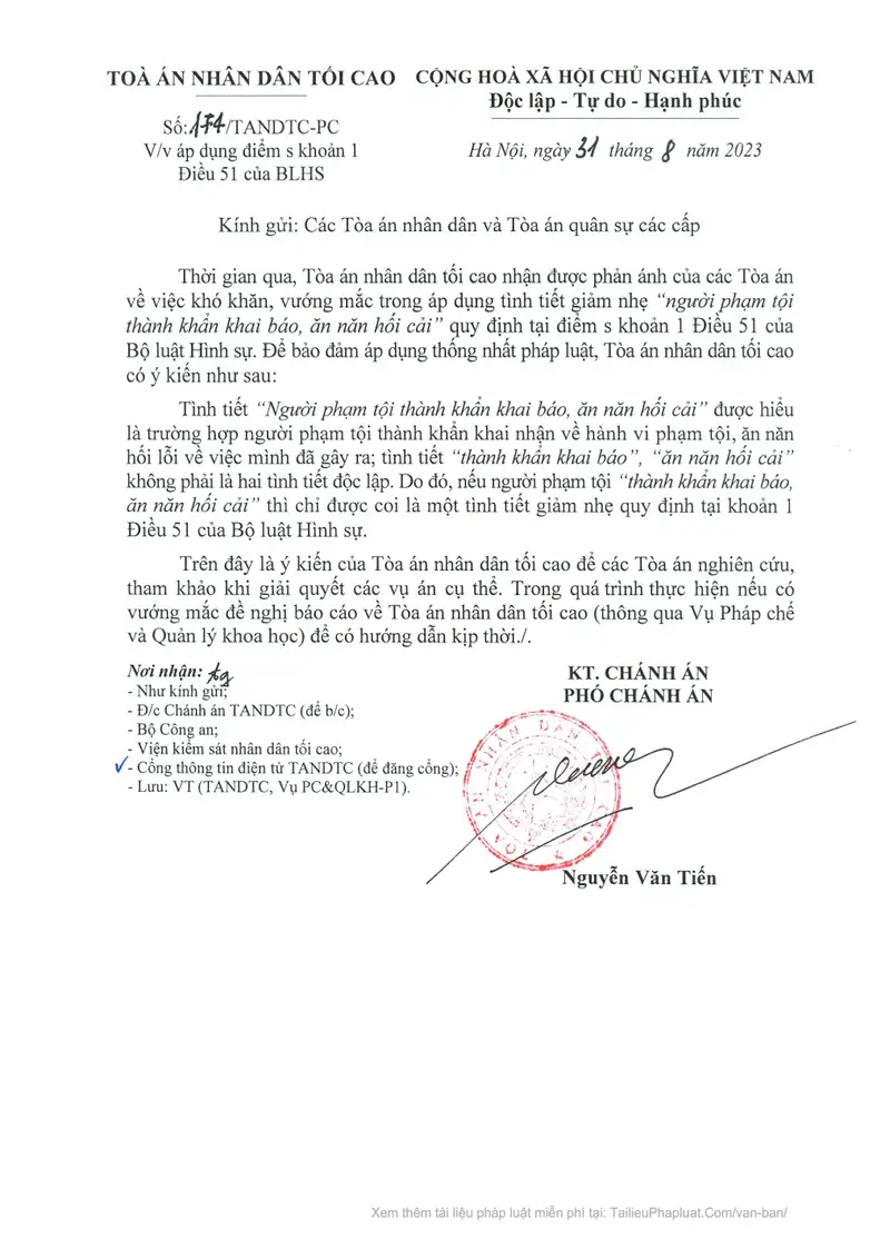 Ảnh bìa Công văn số 174/TANDTC-PC ngày 31/08/2023 TANDTC Hướng dẫn áp dụng tình tiết thành khẩn khai báo, ăn năn hối cải quy định tại điểm s khoản 1 Điều 51 BLHS
