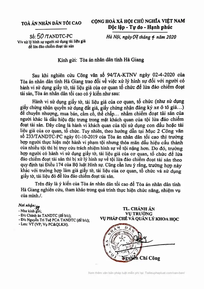 Ảnh bìa Công văn số 50/TANDTC-PC ngày 07/04/2020 TANDTC Hướng dẫn xử lý hình sự người sử dụng con dấu, tài liệu giả của cơ quan, tổ chức để lừa đảo chiếm đoạt tài sản