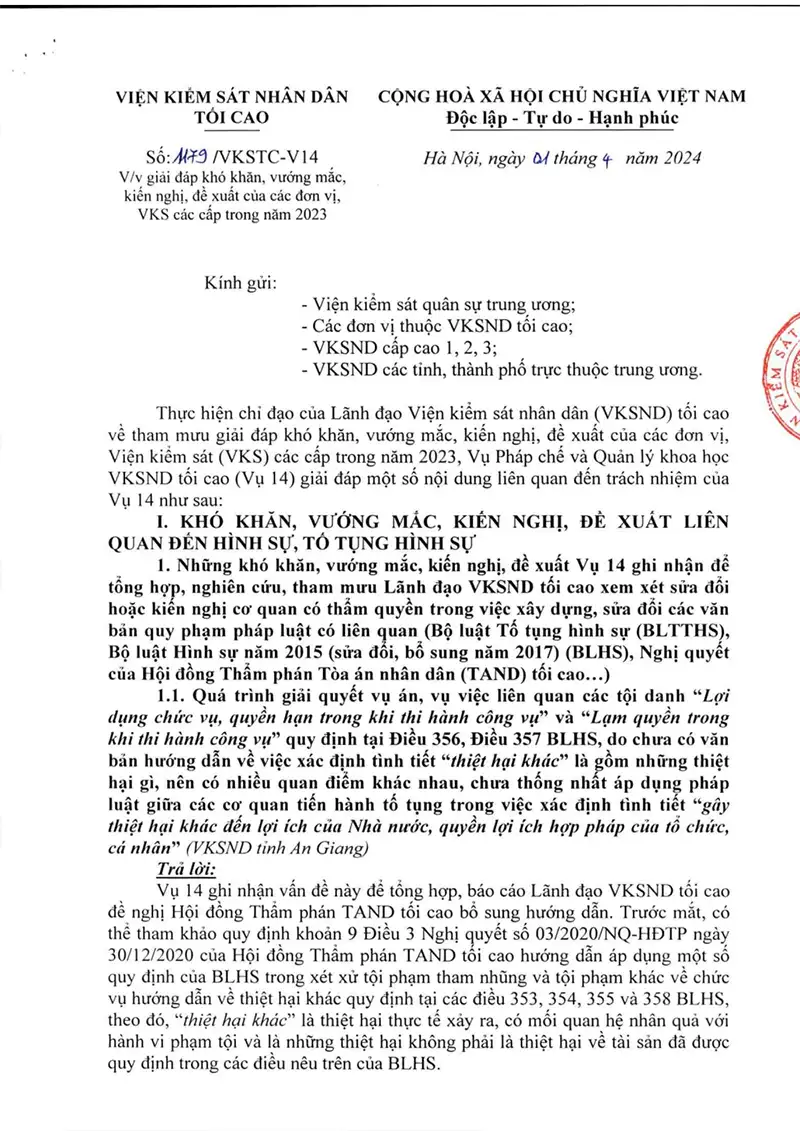 Ảnh bìa Công văn số 1179/VKSTC-V14 ngày 01/04/2024 VKSNDTC Giải đáp khó khăn, vướng mắc, kiến nghị, đề xuất của các đơn vị Viện kiểm sát các cấp năm 2023