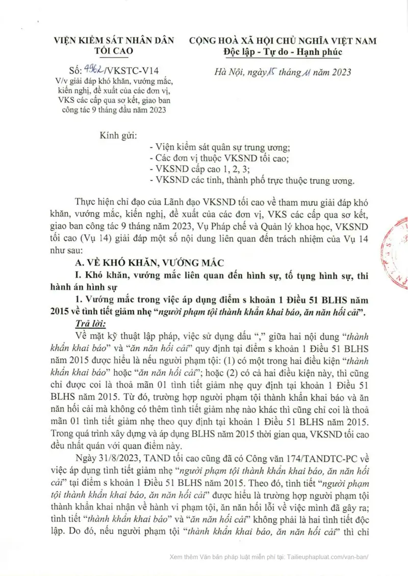 Ảnh bìa Công văn số 4962/VKSTC-V14 ngày 15/11/2023 VKSNDTC Giải đáp khó khăn, vướng mắc, qua sơ kết 9 tháng năm 2023