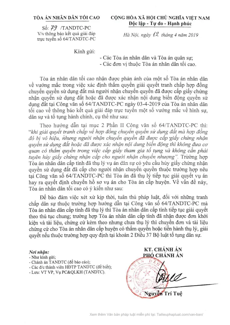 Ảnh bìa Công văn số 79/TANDTC-PC ngày 12/04/2019 TANDTC Thông báo kết quả giải đáp trực tuyến số 64/TANDTC-PC ngày 03/04/2019