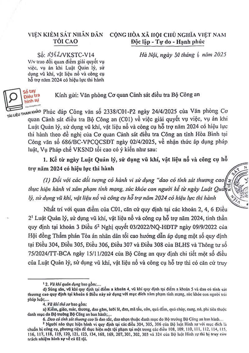 Ảnh bìa Công văn 2982/VKSTC-V14 ngày 30/06/2025 VKSNDTC Trao đổi quan điểm về vụ việc, vụ án sử dụng vũ khí, vật liệu nổ, công cụ hỗ trợ