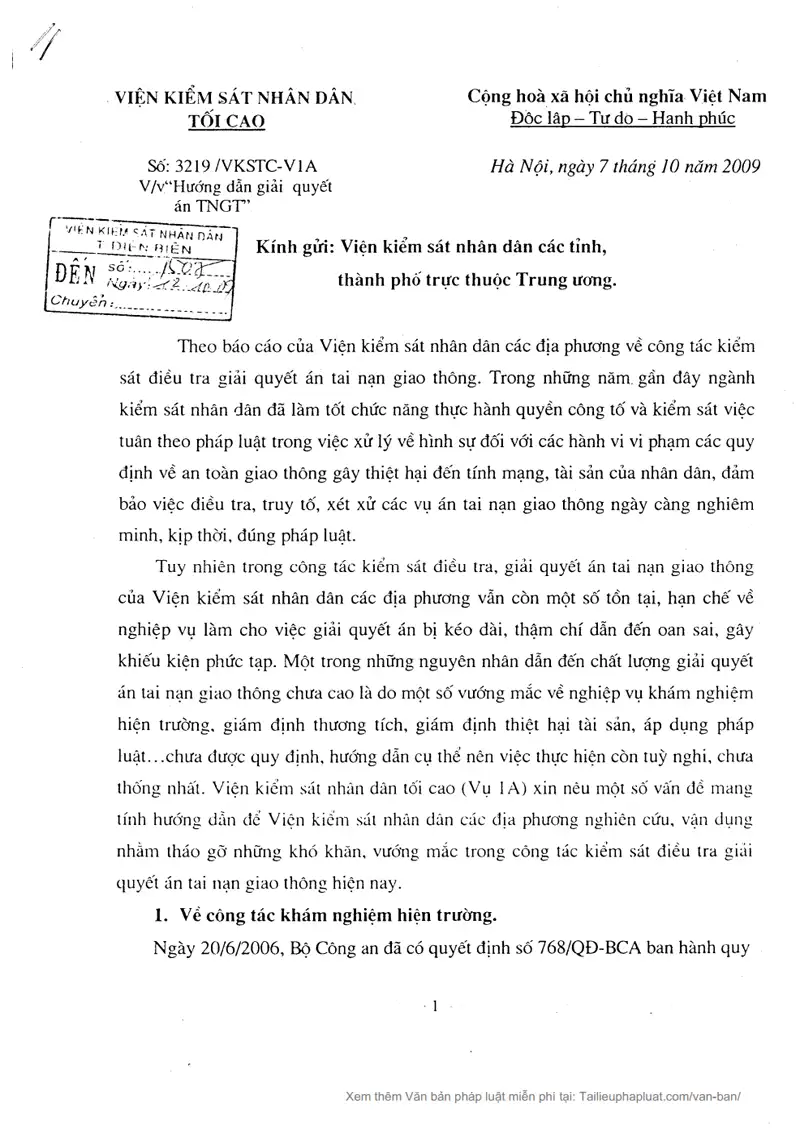 Ảnh bìa Công văn số 3219/VKSTC-V3 ngày 07/10/2009 VKSNDTC hướng dẫn giải quyết vụ án tai nạn giao thông