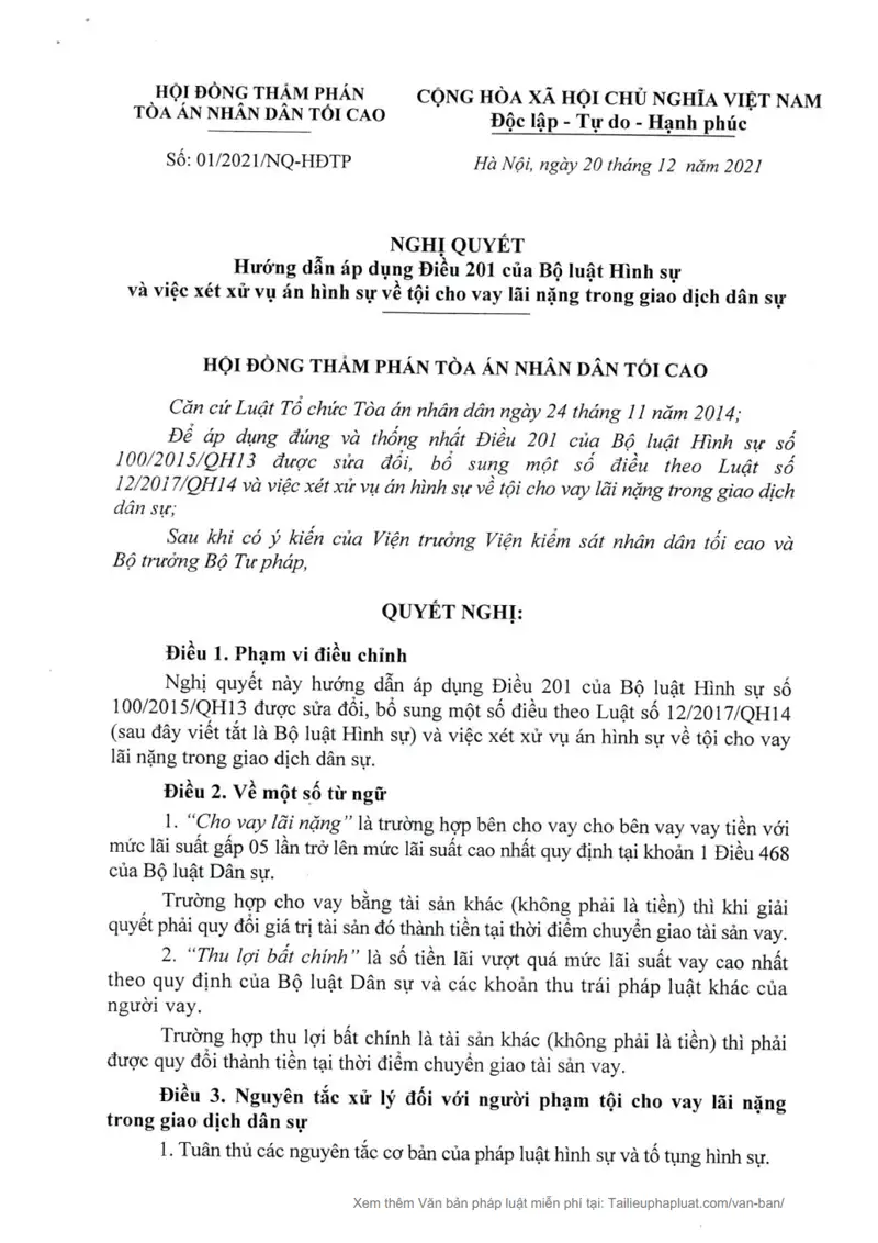 Ảnh bìa Nghị quyết số 01/2021/NQ-HĐTP ngày 20/12/2021 Hội đồng Thẩm phán TANDTC Hướng dẫn xét xử vụ án Tội cho vay lãi nặng Điều 201 BLHS