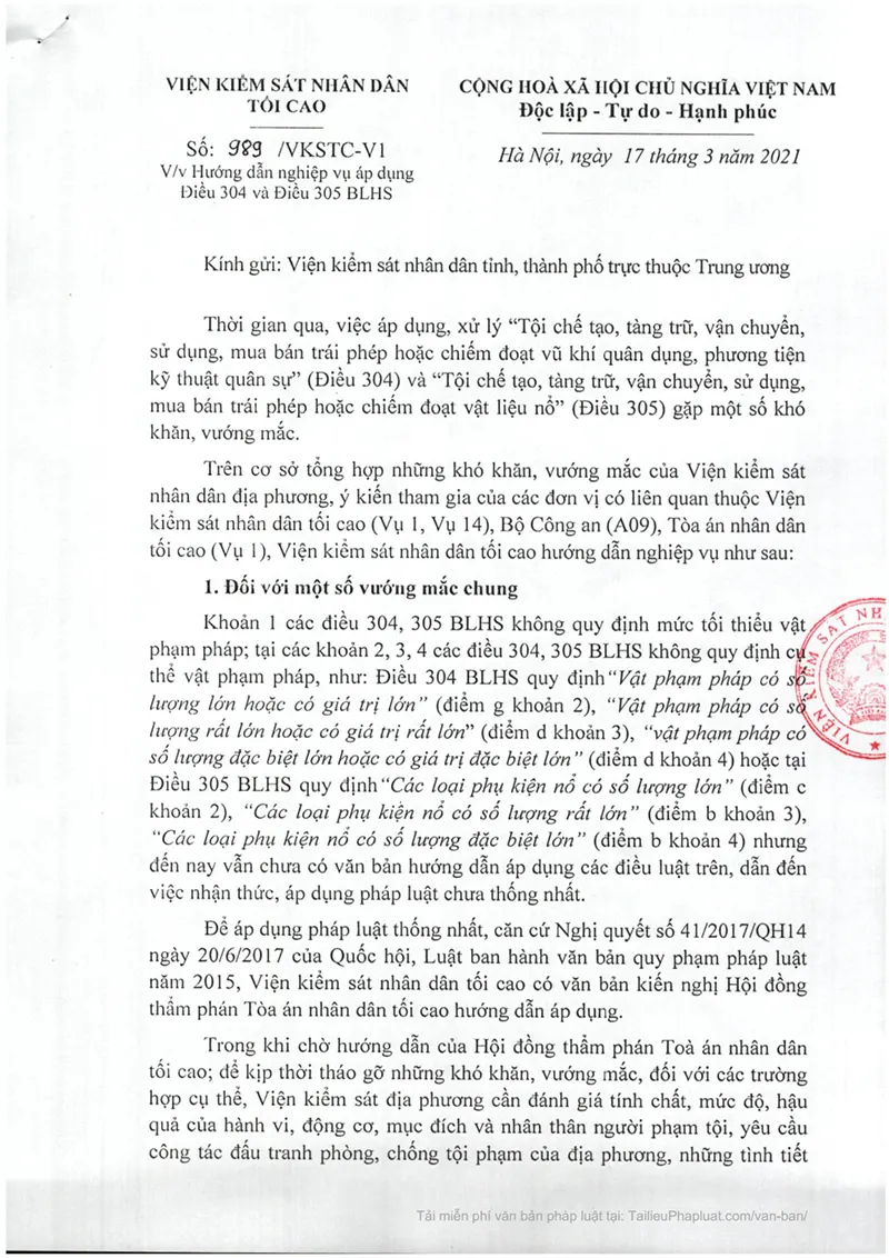 Ảnh bìa Công văn số 989/VKSTC-V1 ngày 17/03/2021 VKSNDTC Hướng dẫn áp dụng Điều 304, 305 BLHS về Tội chế tạo, tàng trữ, vận chuyển, sử dụng, mua bán trái phép hoặc chiếm đoạt vũ khí quân dụng, phương tiện kỹ thuật quân sự và Tội chế tạo, tàng trữ, vận chuyển, sử dụng, mua bán trái phép hoặc chiếm đoạt vật liệu nổ