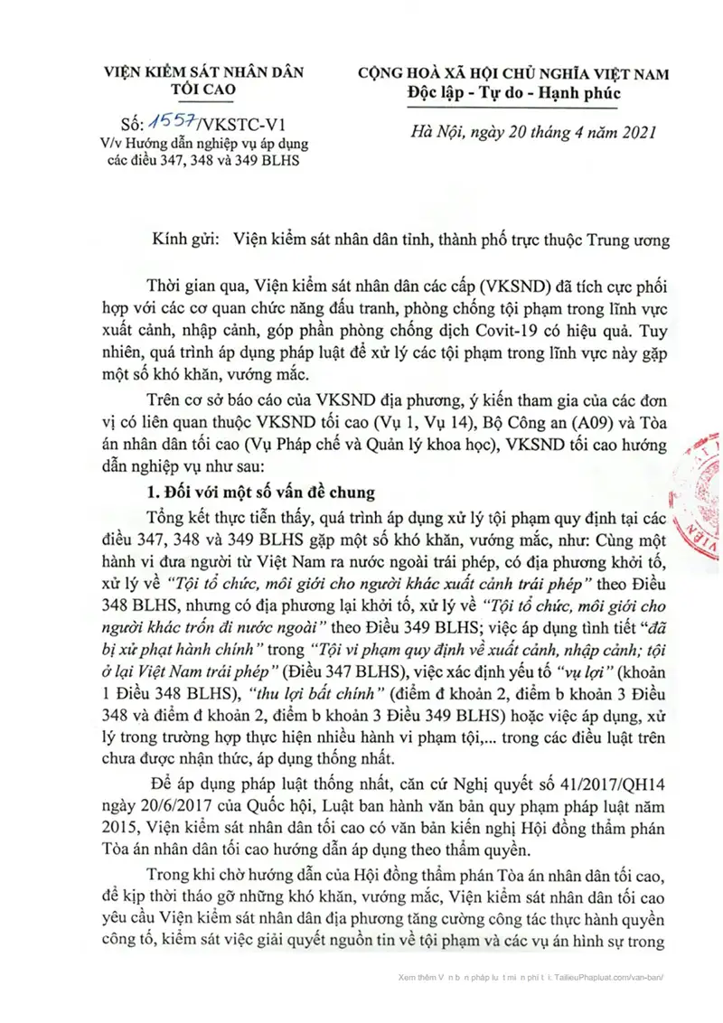 Ảnh bìa Công văn số 1557/VKSTC-V1 ngày 20/04/2021 VKSNDTC ban hành Hướng dẫn nghiệp vụ áp dụng Điều 347, 348 và 349 BLHS về Tội vi phạm quy định về xuất cảnh, nhập cảnh; tội ở lại Việt Nam trái phép; Tội tổ chức, môi giới cho người khác xuất cảnh trái phép; Tội tổ chức, môi giới cho người khác trốn đi nước ngoài