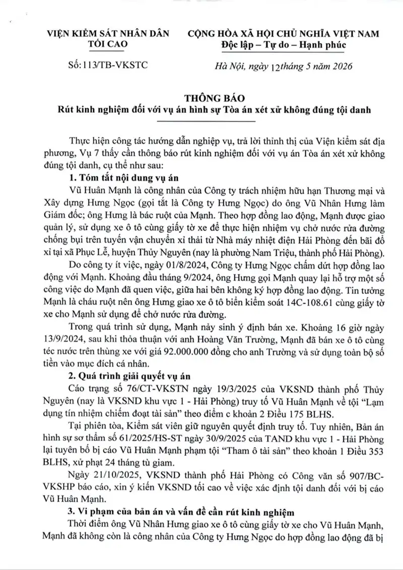 Ảnh bìa TBRKN số 113/TB-VKSTC ngày 12/05/2026 VKSNDTC thông báo rút kinh nghiệm vụ án hình sự xét xử không đúng tội danh về Tội lạm dụng tín nhiệm chiếm đoạt tài sản và Tội tham ô tài sản