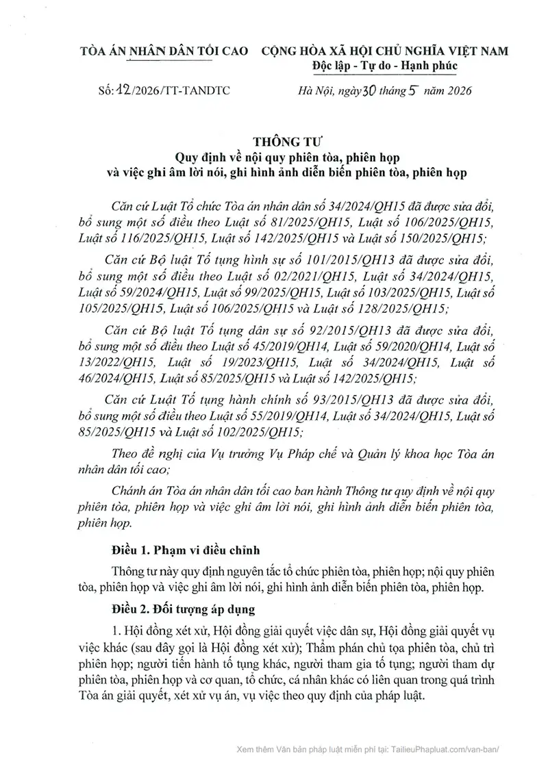 Ảnh bìa Thông tư số 12/2026/TT-TANDTC ngày 30/05/2026 TANDTC Quy định về nội quy phiên tòa, phiên họp và việc ghi âm lời nói, ghi hình ảnh diễn biến phiên tòa, phiên họp