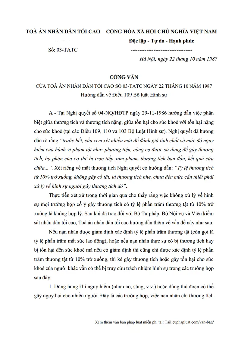 Ảnh bìa Công văn số 03-TATC ngày 22/10/1987 TANDTC Hướng dẫn áp dụng Điều 109 BLHS về Tội cố ý gây thương tích