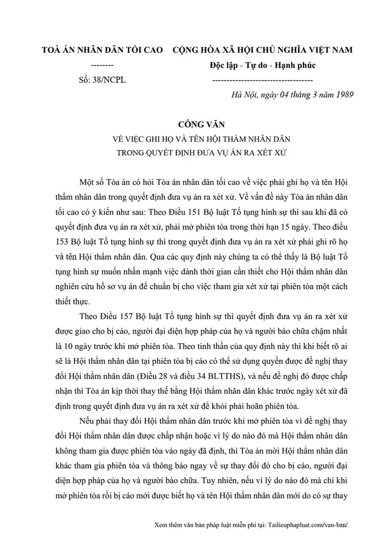 Ảnh bìa Công văn số 38/NCPL ngày 04/03/1989 TANDTC Hướng dẫn việc ghi họ tên Hội thẩm nhân dân trong quyết định đưa vụ án ra xét xử