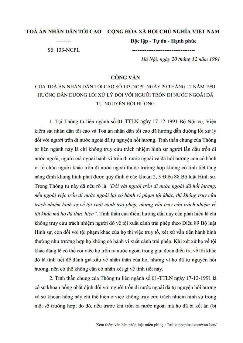 Ảnh bìa Công văn số 133-NCPL ngày 20/12/1991 TANDTC Hướng dẫn đường lối xét xử đối với người trốn đi nước ngoài đã tự nguyện hồi hương (không bị xử lý về Tội xuất cảnh trái phép)
