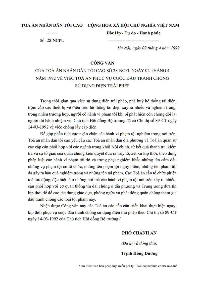 Ảnh bìa Công văn số 28-NCPL ngày 02/04/1992 TANDTC Hướng dẫn xét xử phục vụ cuộc đấu tranh chống sử dụng điện trái phép