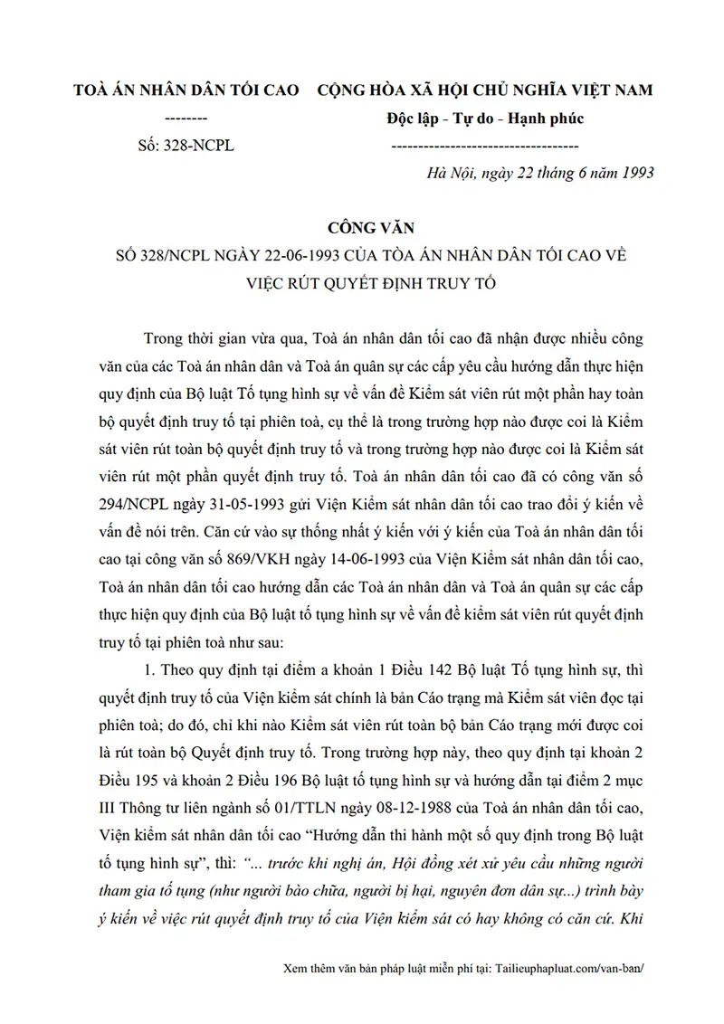 Ảnh bìa Công văn số 328-NCPL ngày 22/06/1993 TANDTC Hướng dẫn xử lý vụ án bị VKSND rút Quyết định truy tố