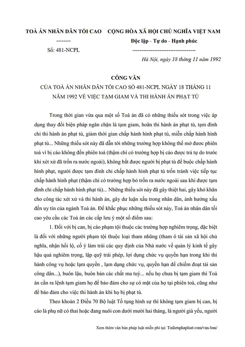 Ảnh bìa Công văn số 481-NCPL ngày 18/11/1992 TANDTC Hướng dẫn thực hiện tạm giam và thi hành án phạt tù