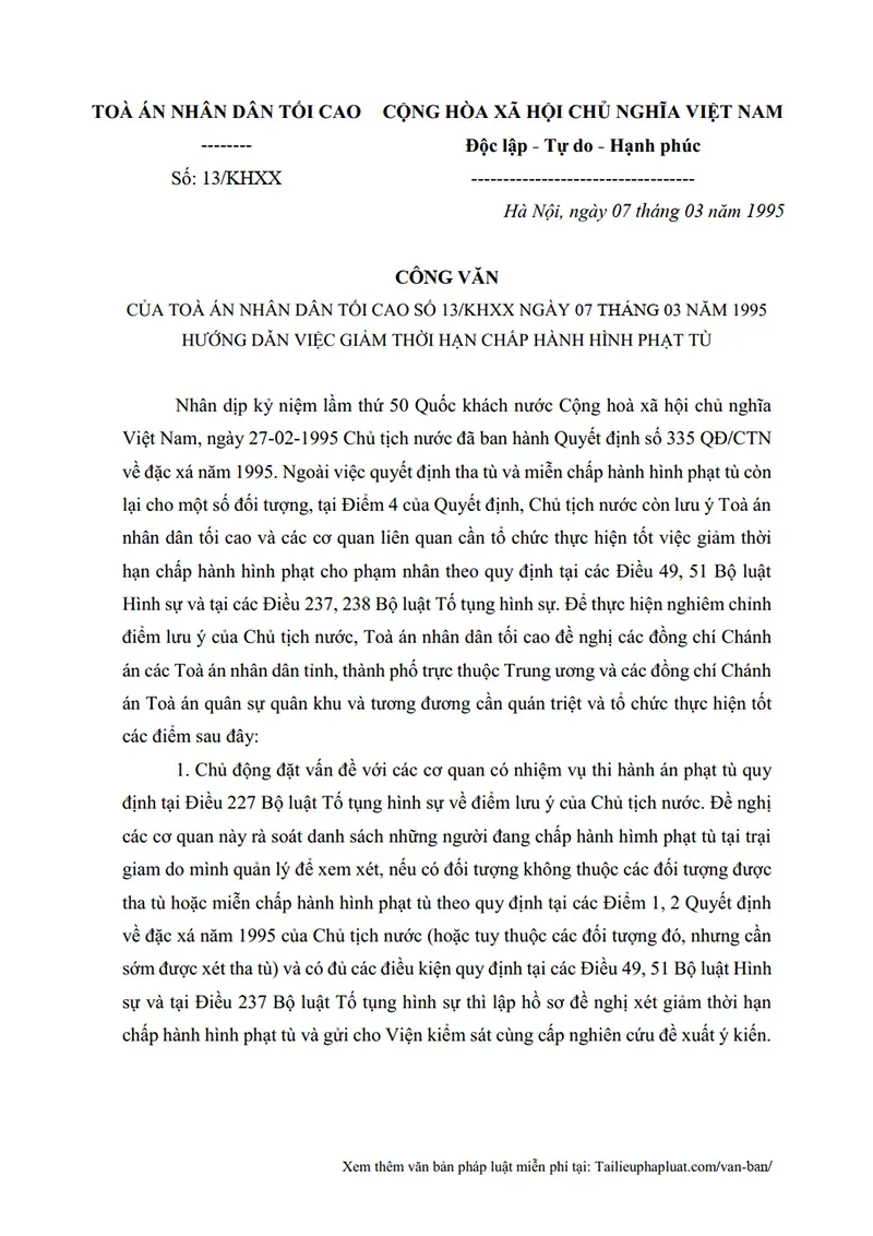 Ảnh bìa Công văn số 13/KHXX ngày 07/03/1995 TANDTC Hướng dẫn việc giảm thời hạn chấp hành hình phạt tù
