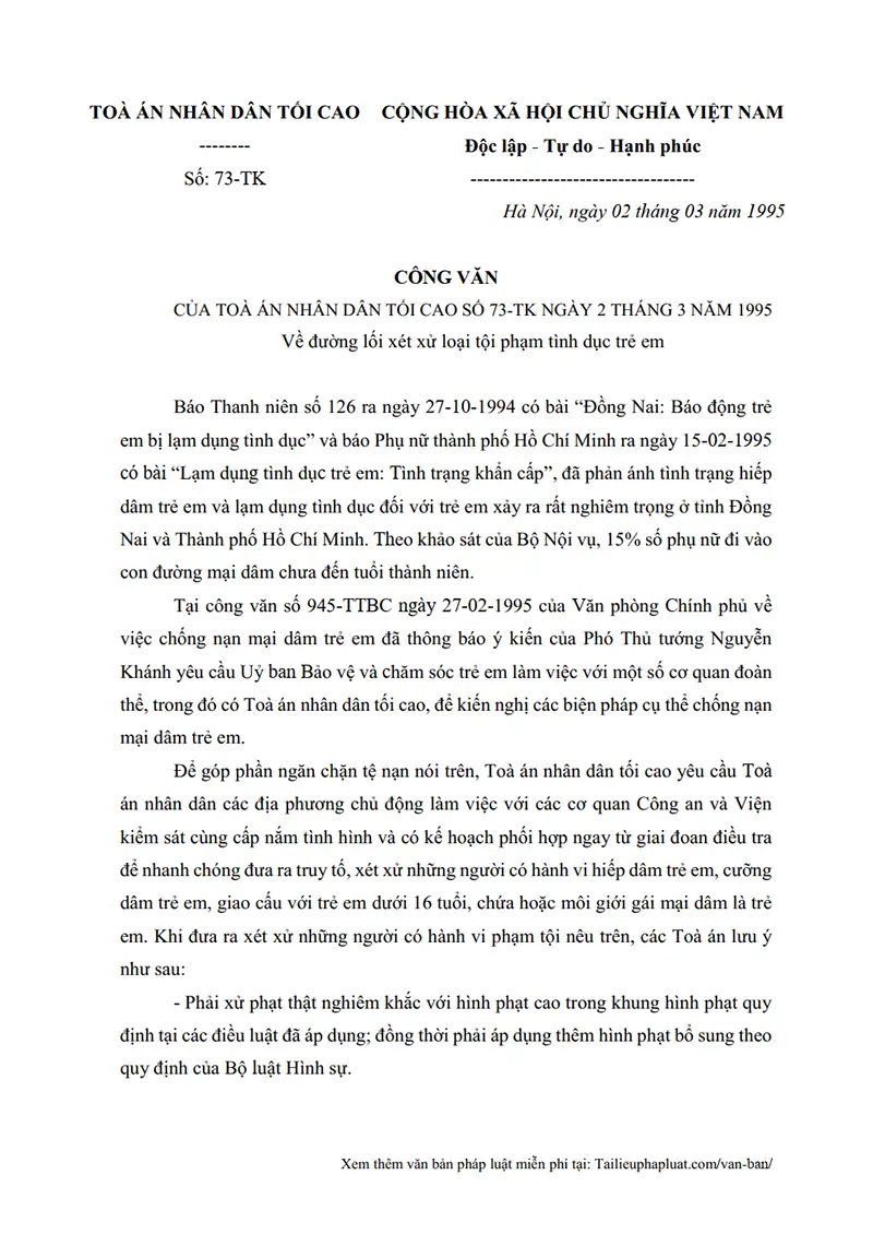 Ảnh bìa Công văn số 73-TK ngày 02/03/1995 TANDTC Hướng dẫn đường lối xét xử các tội phạm tình dục trẻ em
