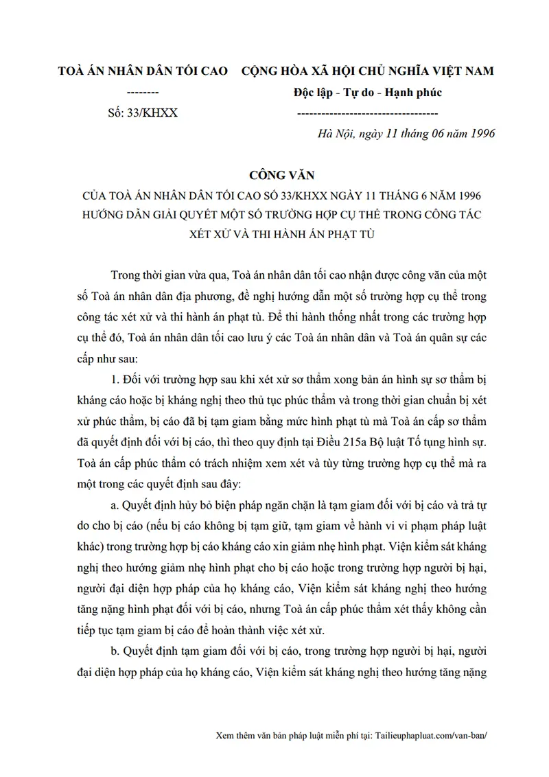 Ảnh bìa Công văn số 33/KHXX ngày 11/06/1996 TANDTC Hướng dẫn giải quyết một số trường hợp cụ thể trong công tác xét xử và thi hành án phạt tù