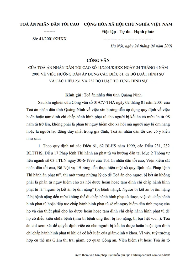Ảnh bìa Công văn số 41/2001/KHXX ngày 24/04/2001 TANDTC Hướng dẫn áp dụng Điều 61, 62 BLHS và Điều 231, 232 BLTTHS về việc hoãn hoặc tạm đình chỉ chấp hành án phạt tù