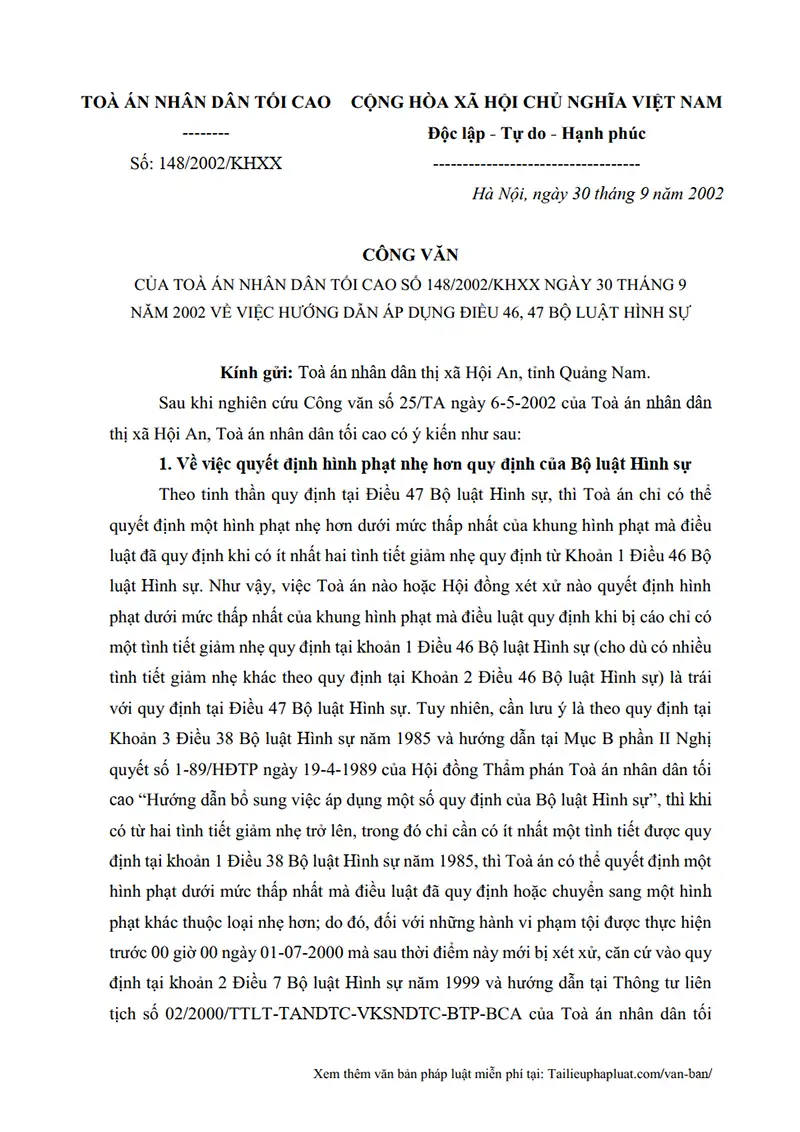 Ảnh bìa Công văn số 148/2002/KHXX ngày 30/09/2002 TANDTC Hướng dẫn áp dụng Điều 46, 47 BLHS về việc quyết định hình phạt nhẹ hơn quy định của BLHS và tình tiết giảm nhẹ trách nhiệm hình sự do bị cáo là người thân của người có công với cách mạng