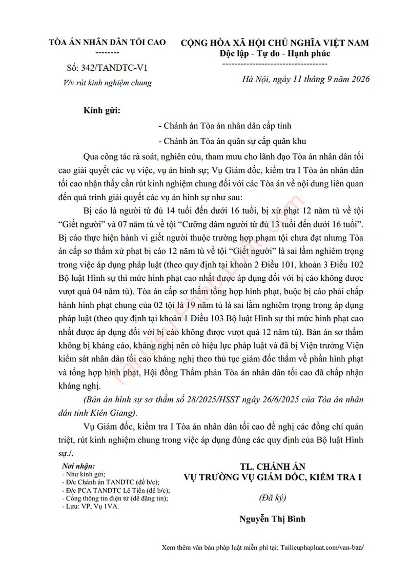 Ảnh bìa Công văn số 342/TANDTC-V1 ngày 11/09/2026 TANDTC Rút kinh nghiệm áp dụng hình phạt cao nhất đối với người chưa thành niên phạm tội trong vụ án phạm tội chưa đạt