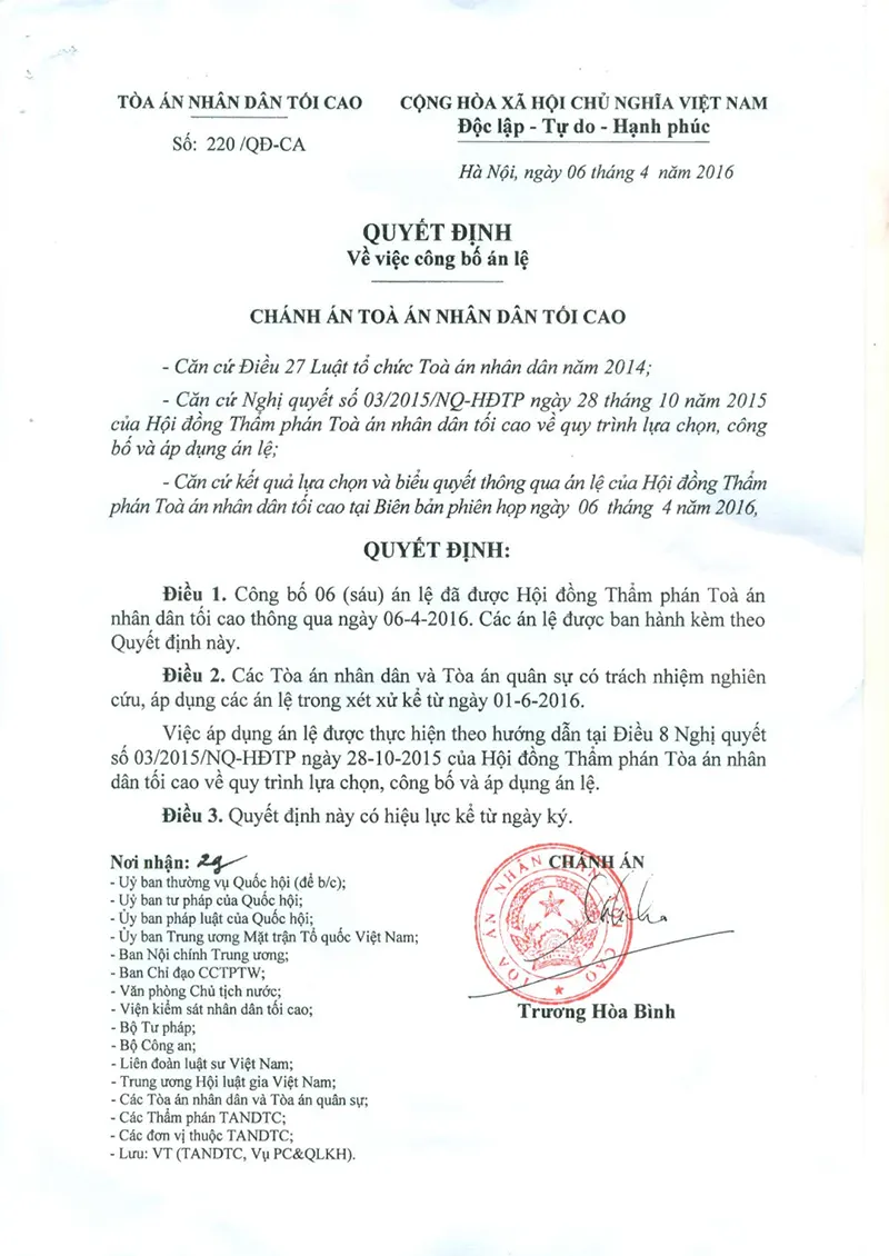 Ảnh bìa Quyết định số 220/QĐ-CA ngày 06/04/2016 TANDTC công bố 06 án lệ