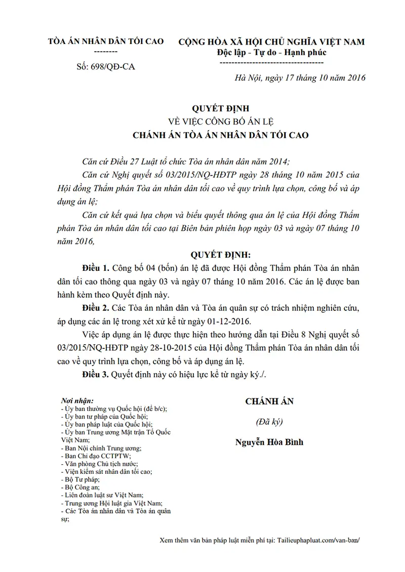 Ảnh bìa Quyết định số 698/QĐ-CA ngày 17/10/2016 TANDTC Công bố 04 án lệ