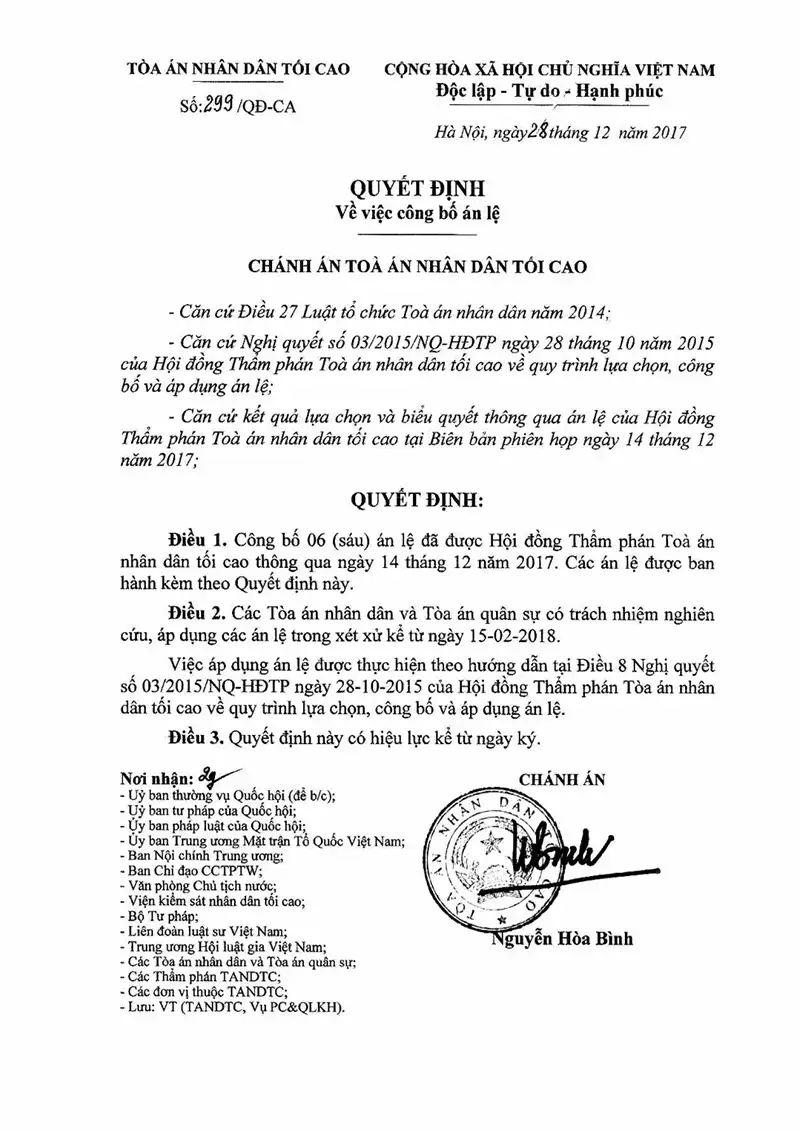 Ảnh bìa Quyết định số 299/QĐ-CA ngày 28/12/2017 TANDTC Công bố 06 án lệ