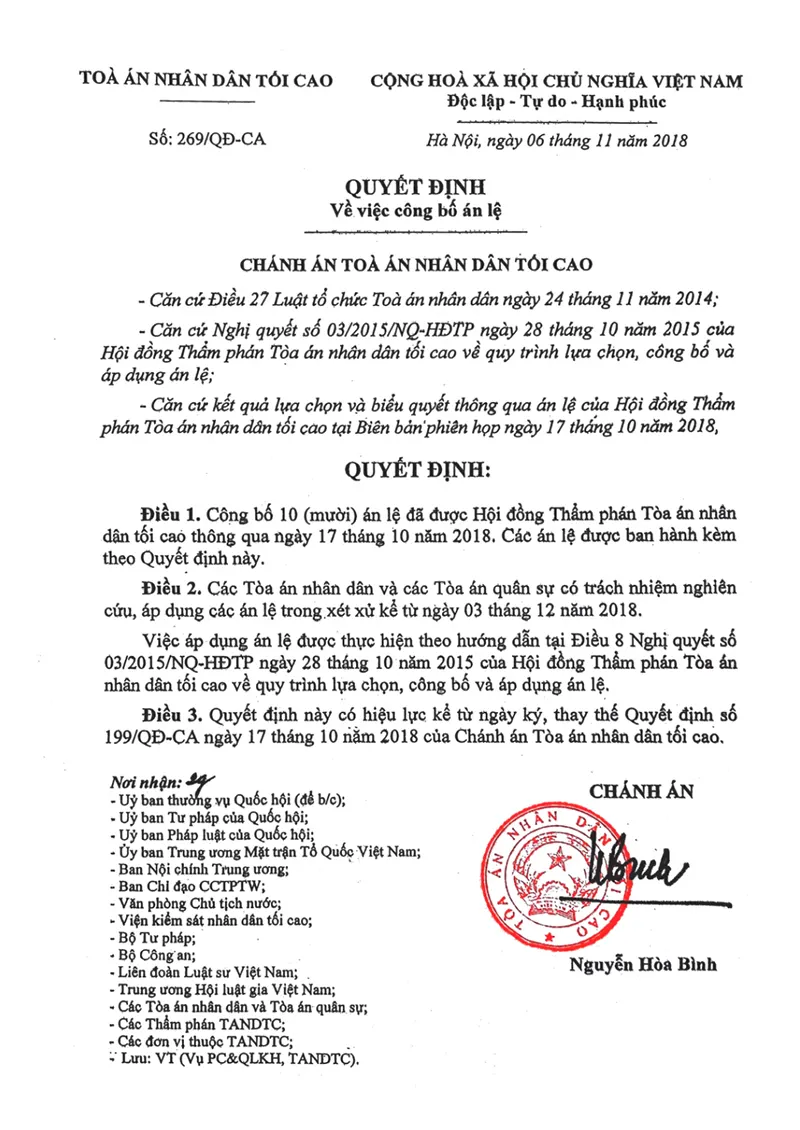 Ảnh bìa Quyết định số 269/QĐ-CA ngày 06/11/2018 TANDTC Công bố 10 án lệ