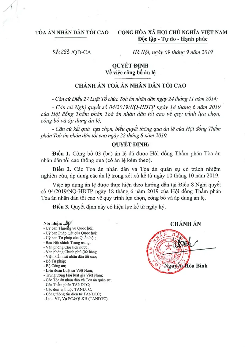Ảnh bìa Quyết định số 293/QĐ-CA ngày 09/09/2019 TANDTC Công bố 03 án lệ