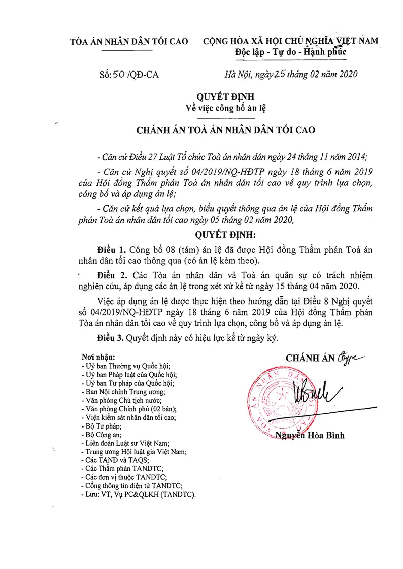 Ảnh bìa Quyết định số 50/QĐ-CA ngày 25/02/2020 TANDTC Công bố 08 án lệ